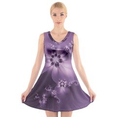 Royal Purple Floral Print V-neck Sleeveless Dress by SpinnyChairDesigns