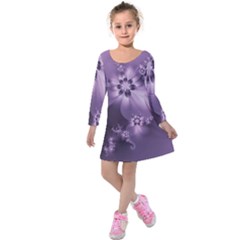 Royal Purple Floral Print Kids  Long Sleeve Velvet Dress by SpinnyChairDesigns