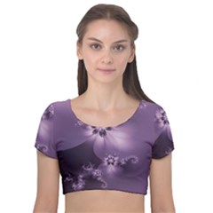 Royal Purple Floral Print Velvet Short Sleeve Crop Top  by SpinnyChairDesigns