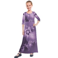 Royal Purple Floral Print Kids  Quarter Sleeve Maxi Dress by SpinnyChairDesigns