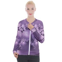 Royal Purple Floral Print Casual Zip Up Jacket by SpinnyChairDesigns