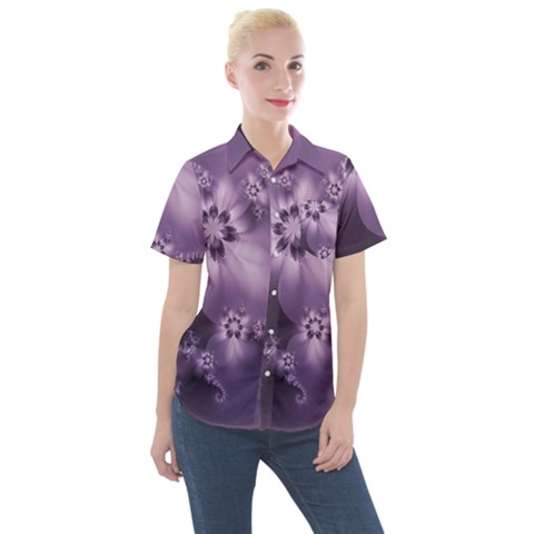 Royal Purple Floral Print Women s Short Sleeve Pocket Shirt by SpinnyChairDesigns