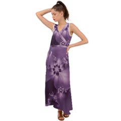 Royal Purple Floral Print V-neck Chiffon Maxi Dress by SpinnyChairDesigns