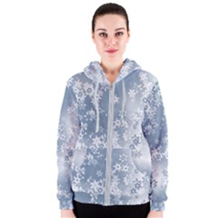 Faded Blue White Floral Print Women s Zipper Hoodie by SpinnyChairDesigns