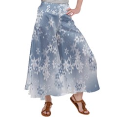 Faded Blue White Floral Print Satin Palazzo Pants by SpinnyChairDesigns