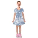 Faded Blue White Floral Print Kids  Short Sleeve Velvet Dress View1