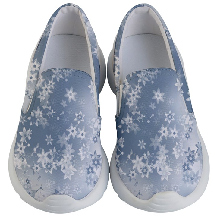 Faded Blue White Floral Print Kids Lightweight Slip Ons