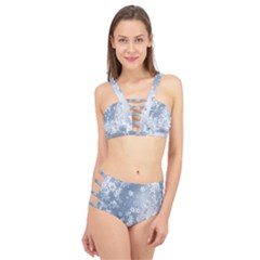 Faded Blue White Floral Print Cage Up Bikini Set by SpinnyChairDesigns