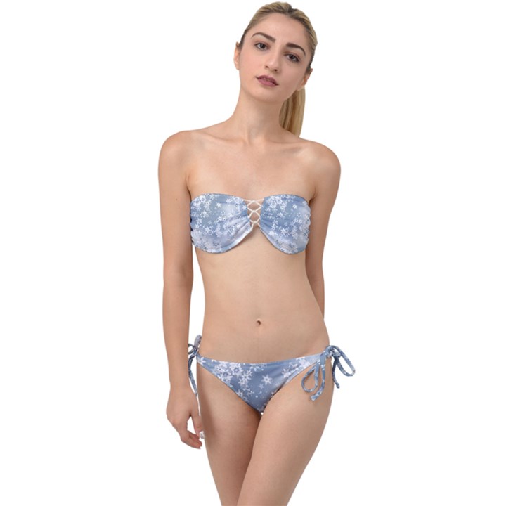 Faded Blue White Floral Print Twist Bandeau Bikini Set