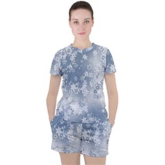 Faded Blue White Floral Print Women s Tee And Shorts Set