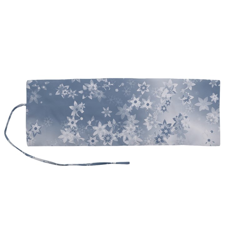 Faded Blue White Floral Print Roll Up Canvas Pencil Holder (M)