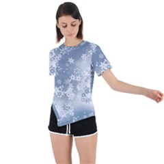 Faded Blue White Floral Print Asymmetrical Short Sleeve Sports Tee