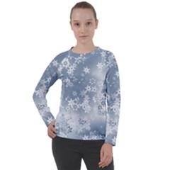 Faded Blue White Floral Print Women s Long Sleeve Raglan Tee