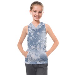 Faded Blue White Floral Print Kids  Sleeveless Hoodie by SpinnyChairDesigns