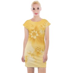 Saffron Yellow Floral Print Cap Sleeve Bodycon Dress by SpinnyChairDesigns