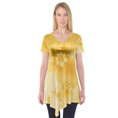 Saffron Yellow Floral Print Short Sleeve Tunic  by SpinnyChairDesigns