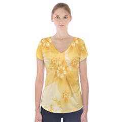 Saffron Yellow Floral Print Short Sleeve Front Detail Top by SpinnyChairDesigns