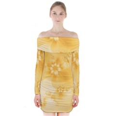 Saffron Yellow Floral Print Long Sleeve Off Shoulder Dress by SpinnyChairDesigns