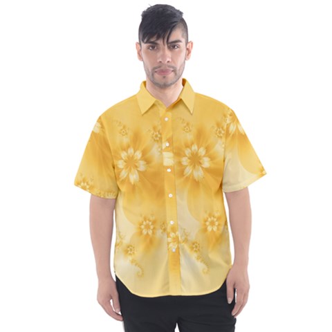 Saffron Yellow Floral Print Men s Short Sleeve Shirt by SpinnyChairDesigns