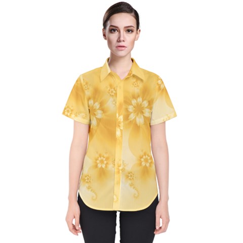 Saffron Yellow Floral Print Women s Short Sleeve Shirt by SpinnyChairDesigns