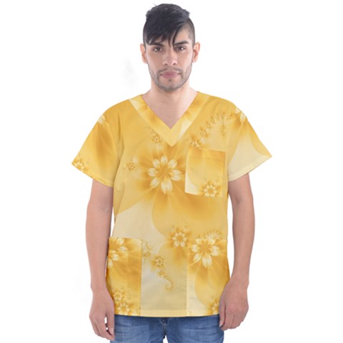 Saffron Yellow Floral Print Men s V-neck Scrub Top by SpinnyChairDesigns