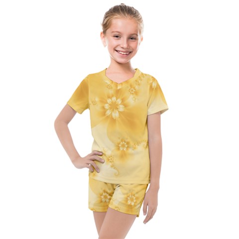 Saffron Yellow Floral Print Kids  Mesh Tee And Shorts Set by SpinnyChairDesigns