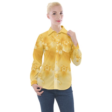 Saffron Yellow Floral Print Women s Long Sleeve Pocket Shirt by SpinnyChairDesigns