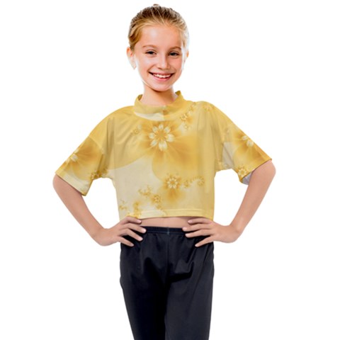 Saffron Yellow Floral Print Kids Mock Neck Tee by SpinnyChairDesigns