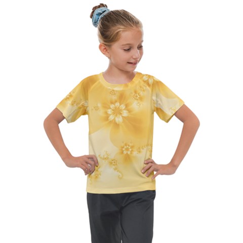 Saffron Yellow Floral Print Kids  Mesh Piece Tee by SpinnyChairDesigns