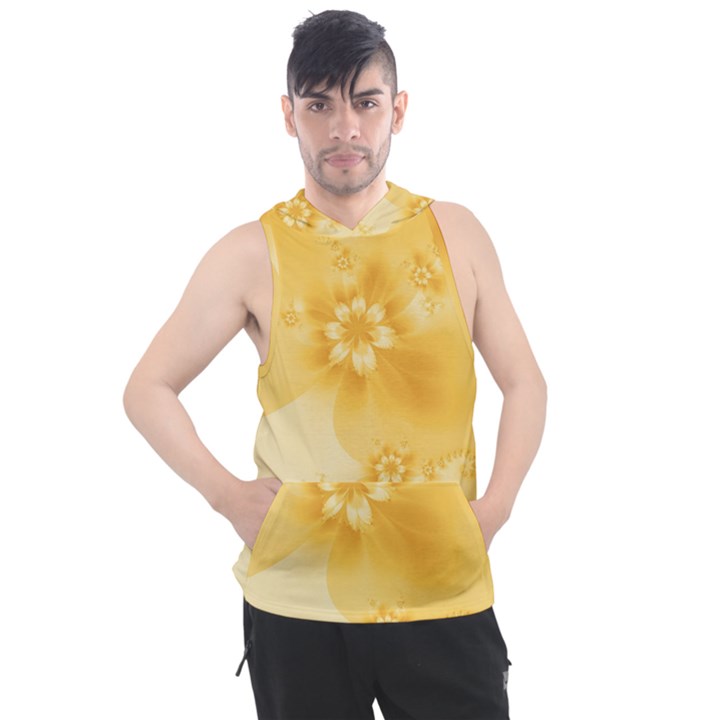 Saffron Yellow Floral Print Men s Sleeveless Hoodie