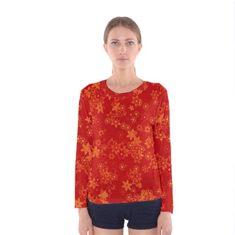 Orange Red Floral Print Women s Long Sleeve Tee by SpinnyChairDesigns