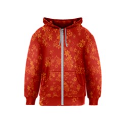 Orange Red Floral Print Kids  Zipper Hoodie by SpinnyChairDesigns