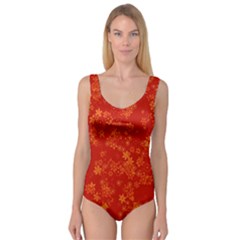 Orange Red Floral Print Princess Tank Leotard  by SpinnyChairDesigns