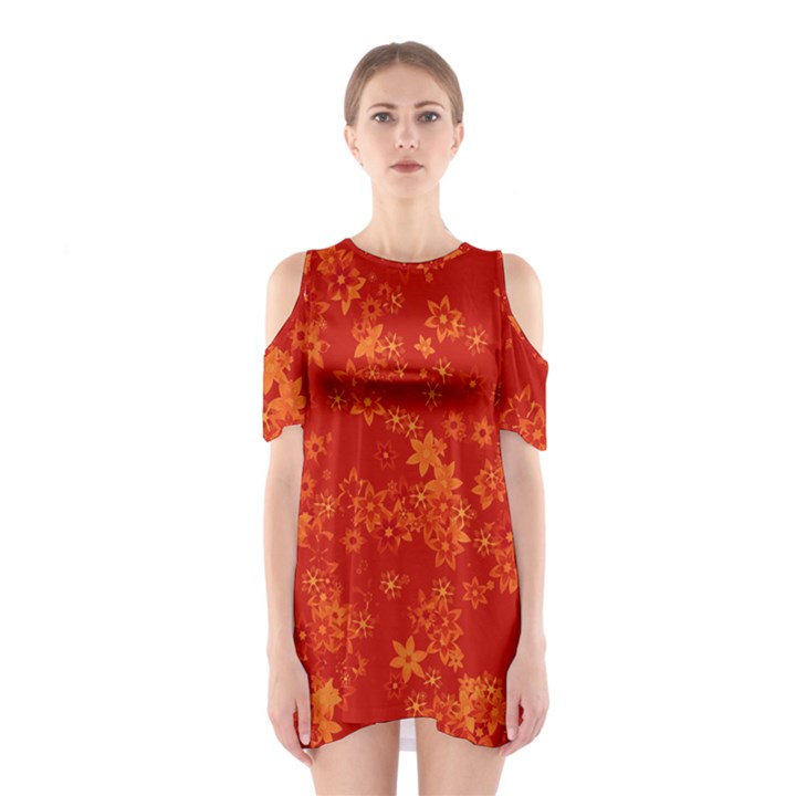 Orange Red Floral Print Shoulder Cutout One Piece Dress