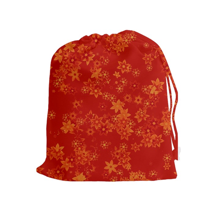 Orange Red Floral Print Drawstring Pouch (XL)