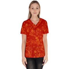 Orange Red Floral Print Women s V-neck Scrub Top by SpinnyChairDesigns