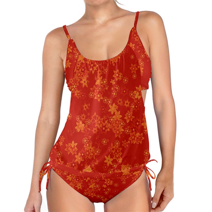 Orange Red Floral Print Tankini Set