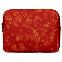 Orange Red Floral Print Make Up Pouch (large) by SpinnyChairDesigns