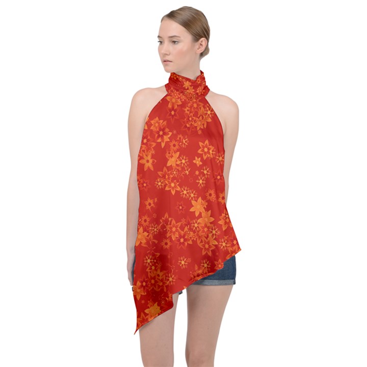 Orange Red Floral Print Halter Asymmetric Satin Top