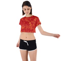 Orange Red Floral Print Tie Back Short Sleeve Crop Tee by SpinnyChairDesigns