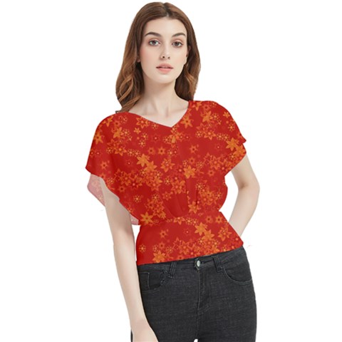 Orange Red Floral Print Butterfly Chiffon Blouse by SpinnyChairDesigns