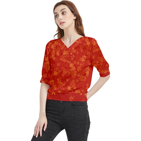 Orange Red Floral Print Quarter Sleeve Blouse by SpinnyChairDesigns