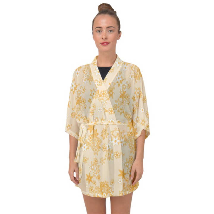 Yellow Flowers Floral Print Half Sleeve Chiffon Kimono