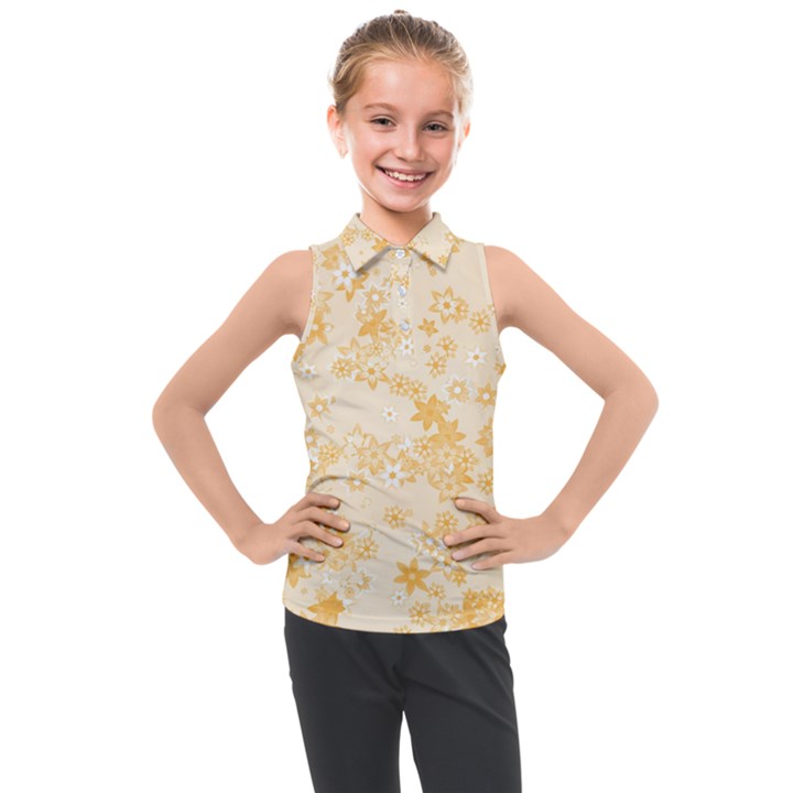 Yellow Flowers Floral Print Kids  Sleeveless Polo Tee