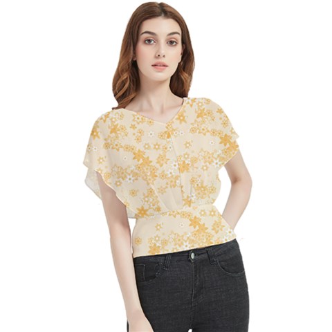 Yellow Flowers Floral Print Butterfly Chiffon Blouse by SpinnyChairDesigns