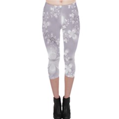 Pale Mauve White Flowers Capri Leggings  by SpinnyChairDesigns