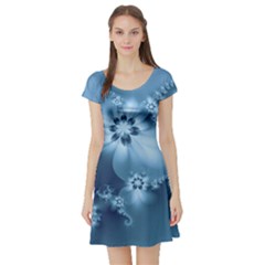 Steel Blue Flowers Short Sleeve Skater Dress