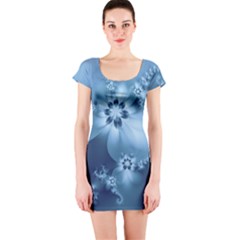 Steel Blue Flowers Short Sleeve Bodycon Dress by SpinnyChairDesigns