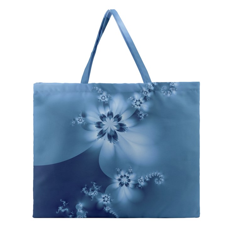 Steel Blue Flowers Zipper Large Tote Bag