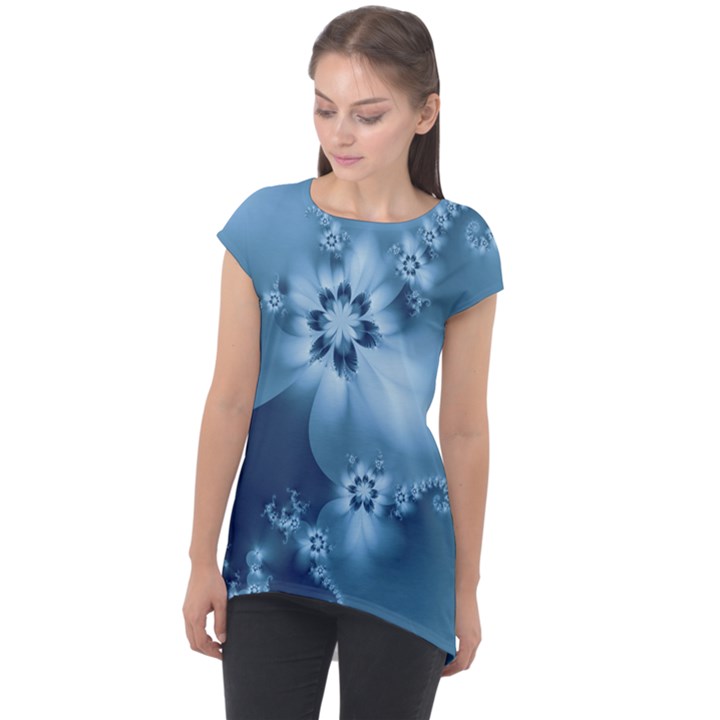 Steel Blue Flowers Cap Sleeve High Low Top